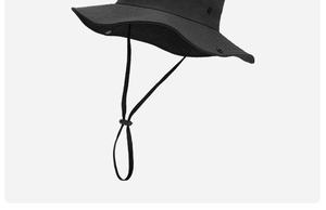 Detail of black quick-dry sun hat showing wide brim and adjustable chin strap