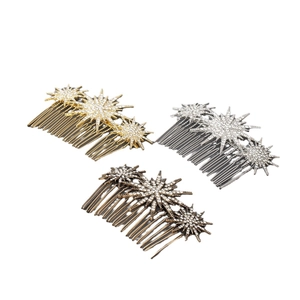 Vintage starburst hair combs with sparkling rhinestones in gold, silver, and bronze finish