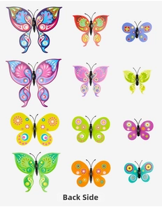 Reverse side view of 12 waterproof PVC butterfly wall stickers in vibrant ethnic patterns