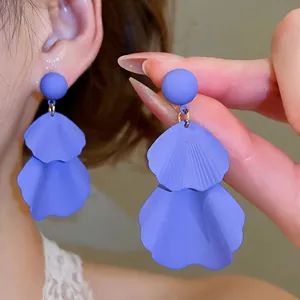 Matte purple flower petal dangle earrings with elegant double-layer floral design