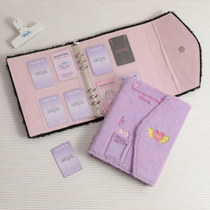 Plush purple photocard binder with Sweet Love embroidery and 6-ring binder structure