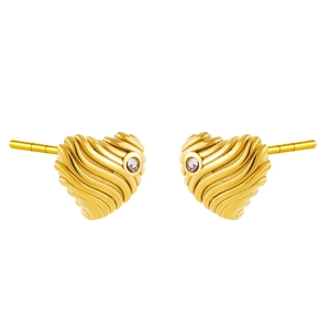 18K gold plated stainless steel heart stud earrings with ripple texture and zircon