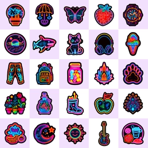 50-piece neon-style stickers featuring colorful butterfly and shark designs in a 5x5 grid