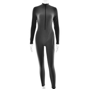 Women Long Sleeve Jumpsuit Zipper Front Stand Collar Solid Color Sexy Slim Fit Polyester Bodycon Unitard Romper