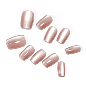 Set di 10 unghie finte corte a trapezio rosa oro occhio di gatto con finitura perlata