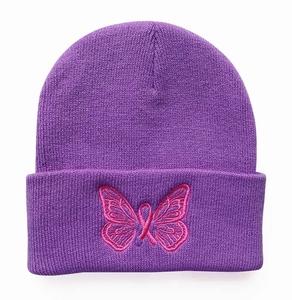 Close-up of pink butterfly and ribbon embroidery on a purple knitted beanie hat