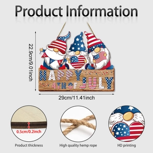 Patriotic 4th of July wooden gnome sign with American flag stars and rope hanger