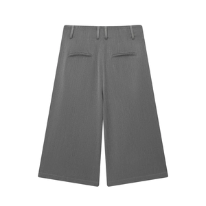 Women's dark grey wide-leg long casual shorts featuring back pockets and suit fabric
