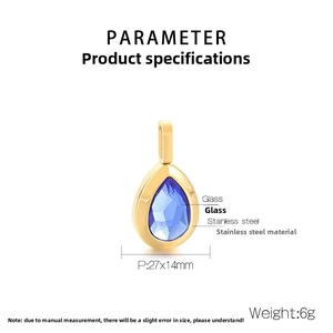Macro detail of 27x14mm gold stainless steel pendant with faceted blue glass stone