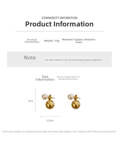 Detail view of gold pearl earrings with dimensions 2cm by 1.2cm and weight 7.8g