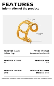 Detail specifications of 18K gold plated hollow ring with hammered texture and dimensions