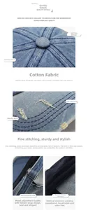 Detail view of cotton denim baseball cap showing metal buckle and reinforced stitching
