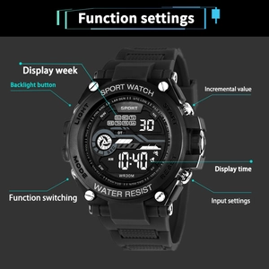 Functional diagram of black digital sports watch showing backlight and alarm settings