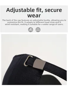 Close-up of the metal adjustable buckle on the back of a textured baseball cap