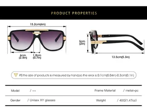 Detailed size chart for square metal sunglasses showing precise frame and lens dimensions