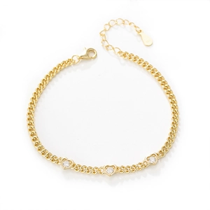 Elegante bracciale dorato con cuori in zircone, catena cubana e chiusura regolabile