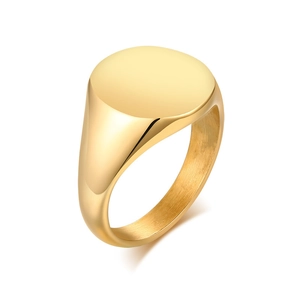 Minimalist gold-plated stainless steel signet ring with a polished round flat top surface