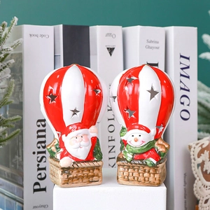 Light-up ceramic Santa and Snowman hot air balloon ornaments for Christmas decor
