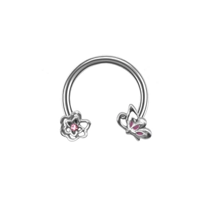 Silver horseshoe ring with pink floral and butterfly charms for body piercing