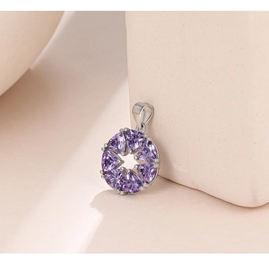 Macro shot of 925 sterling silver pendant with six purple heart-shaped zircons