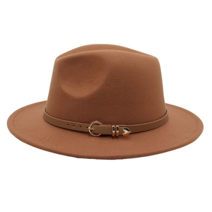 Brown wide brim wool fedora hat with a leather band and gold heart-shaped buckle detail