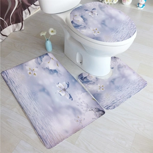 Three-piece bathroom mat set with lavender butterfly and floral patterns on soft fabric