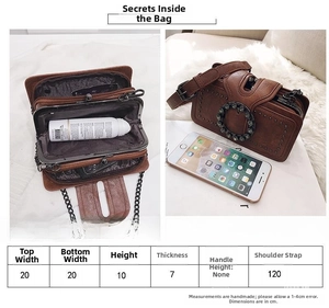 Size chart showing dimensions for the vintage chain shoulder bag with metal rivets