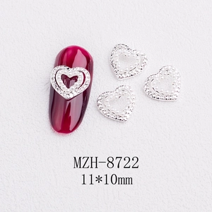 Detailed 11x10mm heart nail art charm with silver alloy pearls and crystal rhinestones