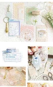 Detail of vintage cottagecore floral stickers with lace borders and retro typography