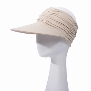 Detail of beige cooling sun visor with pleated elastic headband for outdoor UV protection
