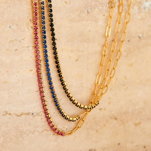 Gold plated stainless steel paperclip chain bracelet with colorful zircon stones