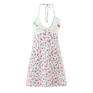 White floral mini dress with cherry embroidery and halter neck in sweet style