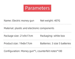 Detailed specifications of the electric money gun including dimensions, weight, and material
