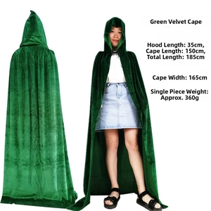 Size details of green velvet hooded cloak showing length 150cm and width 165cm