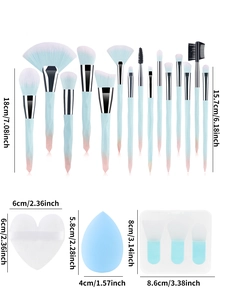 Detailed size specifications for 15pcs diamond makeup brush set and accessories