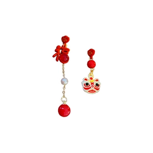Chinese New Year lion dance and Fu character asymmetric pearl earrings in red finish