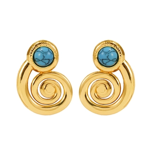 Vintage 18K gold-plated stainless steel spiral earrings with natural turquoise blue beads