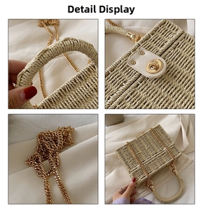 Detailansicht der beigefarbenen Webhandtasche mit Goldkette und goldenem Drehverschluss