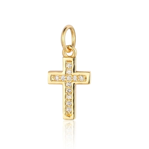 Detailed close-up of a golden cross pendant with micro-pave cubic zirconia on white background