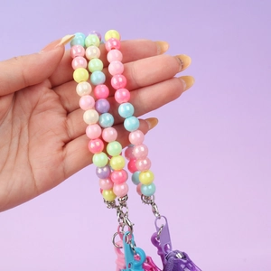 Colorful unicorn quicksand beads wrist strap with metal clasp and clear PVC keyring chain