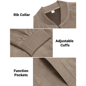 Detailed close-up of rib collar, elastic cuffs and pockets on men's tan suede jacket