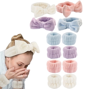Ensemble Bandeau et Bracelet Nœud en Polaire Corail Bande de Lavage de Visage Absorbante Spa Maquillage Accessoires Cheveux Femmes