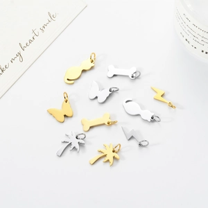 Polished stainless steel DIY pendants featuring cat, butterfly, and palm tree designs