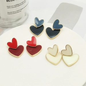 Elegant Double Layered Heart Stud Earrings With 925 Sterling Silver Earring Post Alloy Oil Drip Contrast Color Jewelry