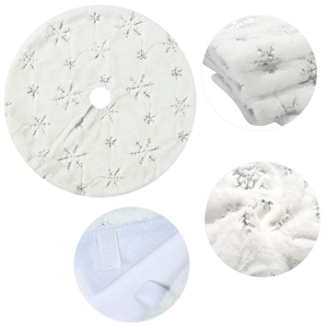 White faux fur Christmas tree skirt with silver sequin snowflakes and velcro closure