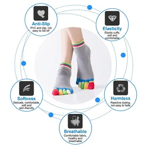 Rainbow striped open toe yoga socks with non-slip PVC grips and breathable knit fabric