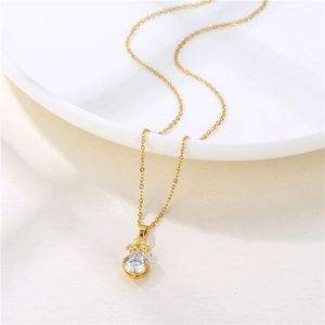 French style gold plated stainless steel necklace with round cubic zirconia flower pendant