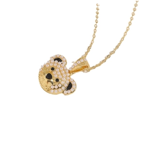 Luxurious teddy bear pendant necklace with white pearls and 14K gold plated chain
