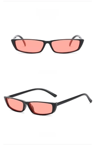 Front and side view of retro rectangular sunglasses with black frames and red lenses