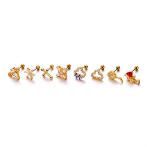 Set of 8 gold stainless steel screw back earrings with zirconia and red heart gem